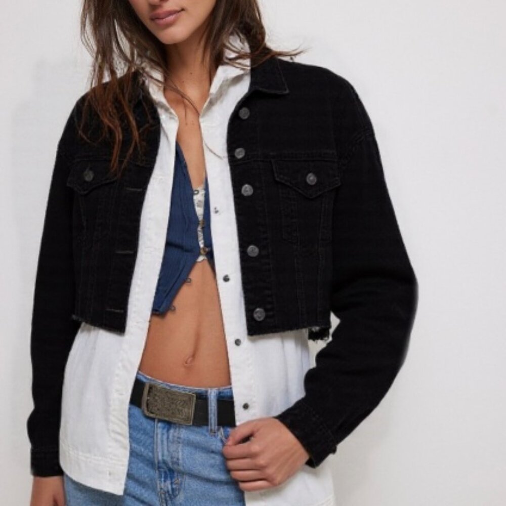NEW Free People cropped black denim jean jacket size XL
